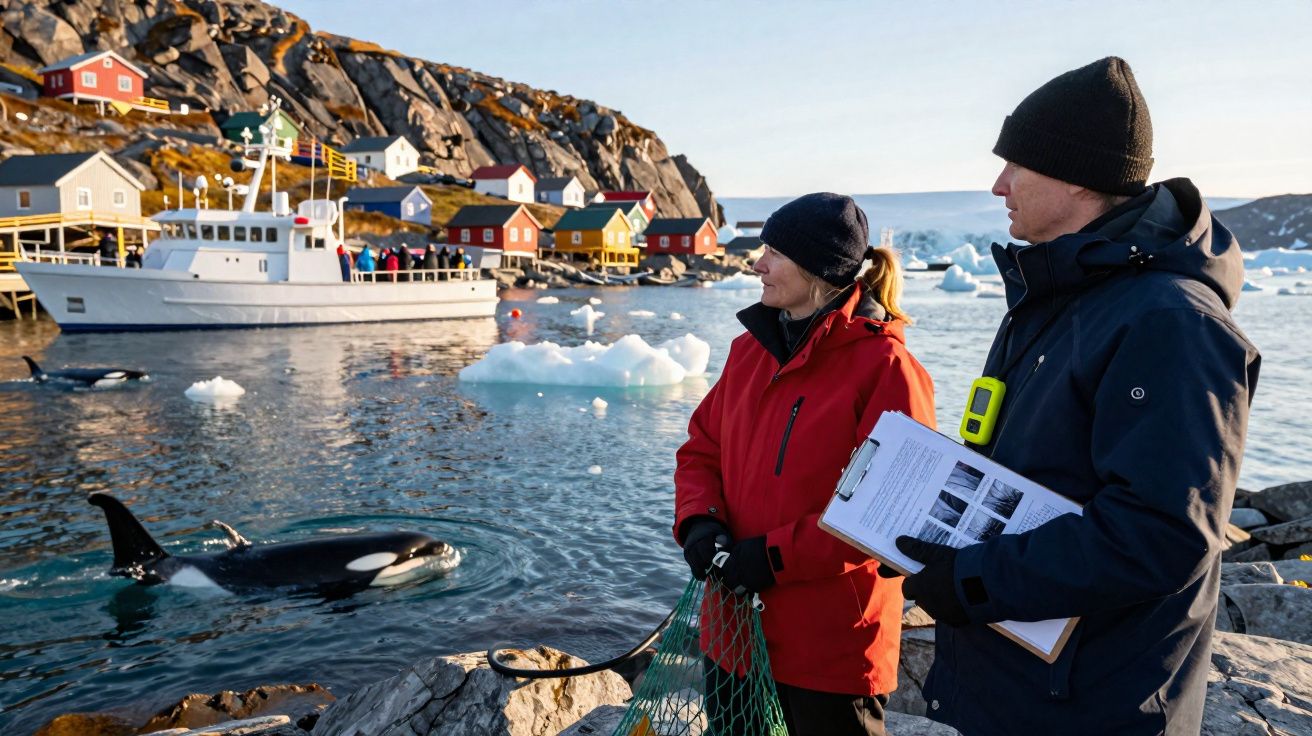 Duas pessoas observam uma orca perto da costa com casinhas coloridas e icebergues ao fundo.