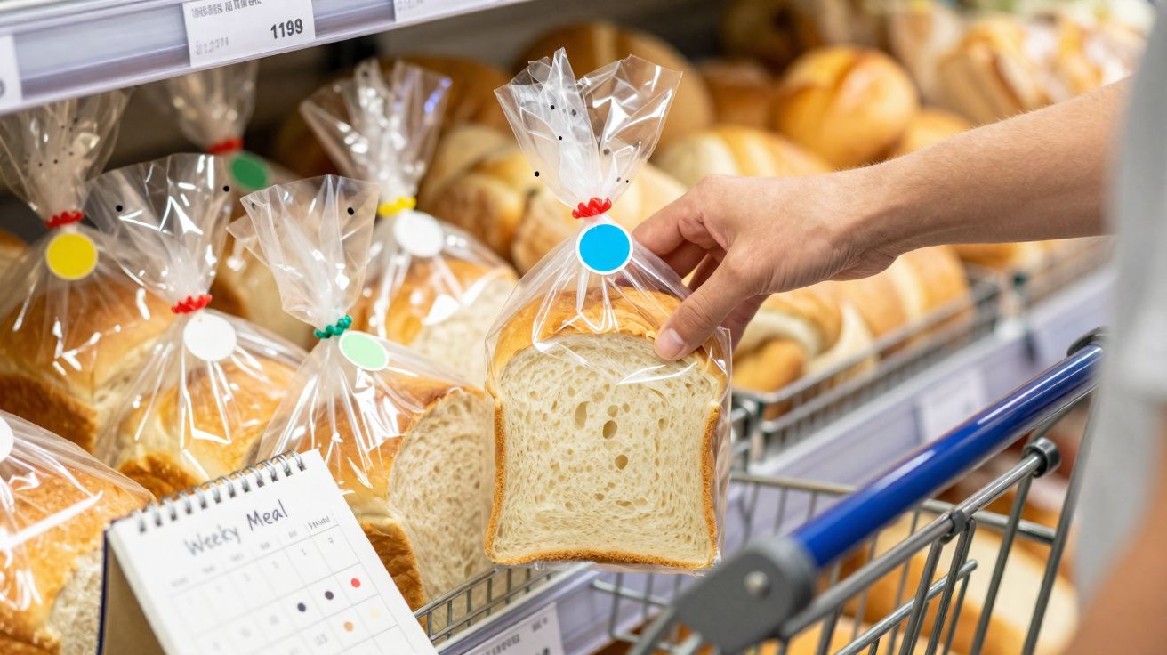 Mão a segurar pacote de pão de forma branco numa prateleira de supermercado com carrinho de compras.