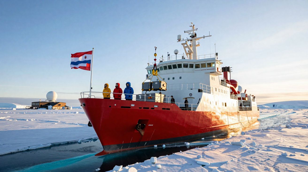 Navio de investigação vermelho a navegar entre gelo no Ártico com cinco pessoas no convés e bandeira içada.