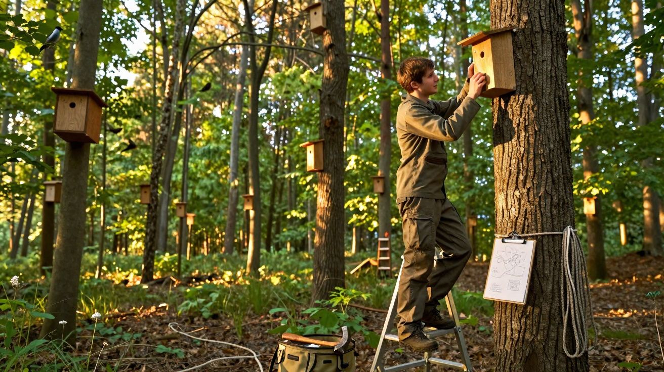 Homem numa escada instala caixa-ninho de madeira numa árvore numa floresta com várias caixas-ninho penduradas.