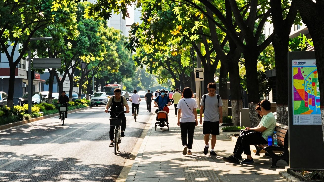 Rua arborizada com pessoas a caminhar, andar de bicicleta e banco com pessoas sentadas a conversar.