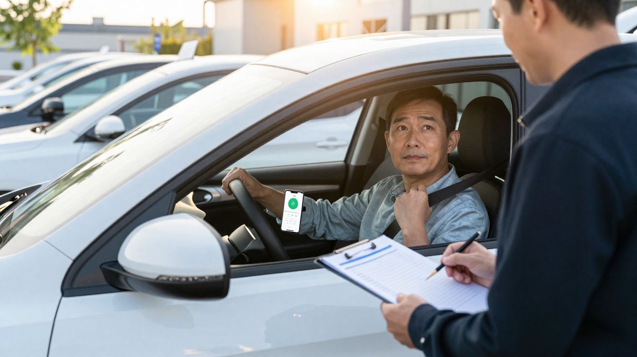 Homem a cinto de segurança no carro a mostrar aplicação no telemóvel a outro homem com prancheta.
