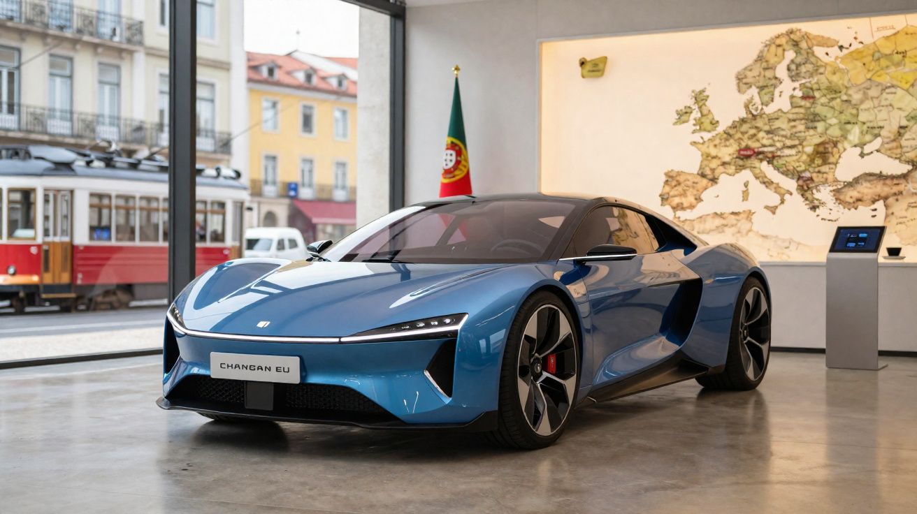 Carro desportivo elétrico azul Changan EU exibido num salão com vista para um elétrico vermelho na rua.