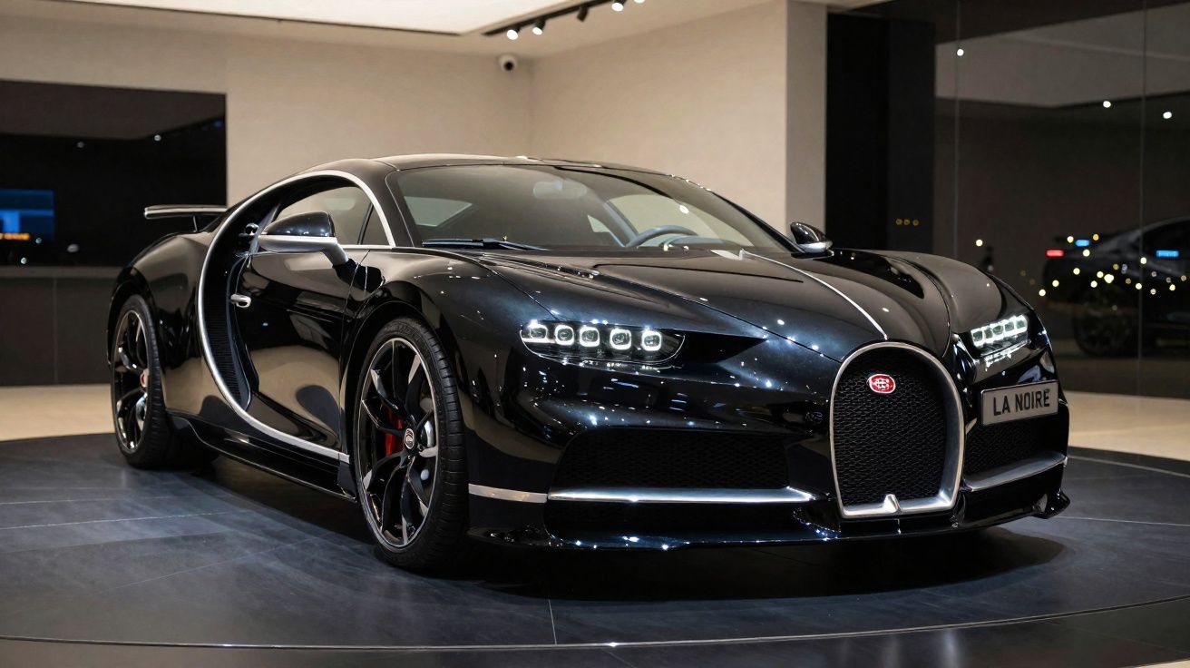Carro desportivo Bugatti Chiron preto exposto num salão moderno com iluminação branca.