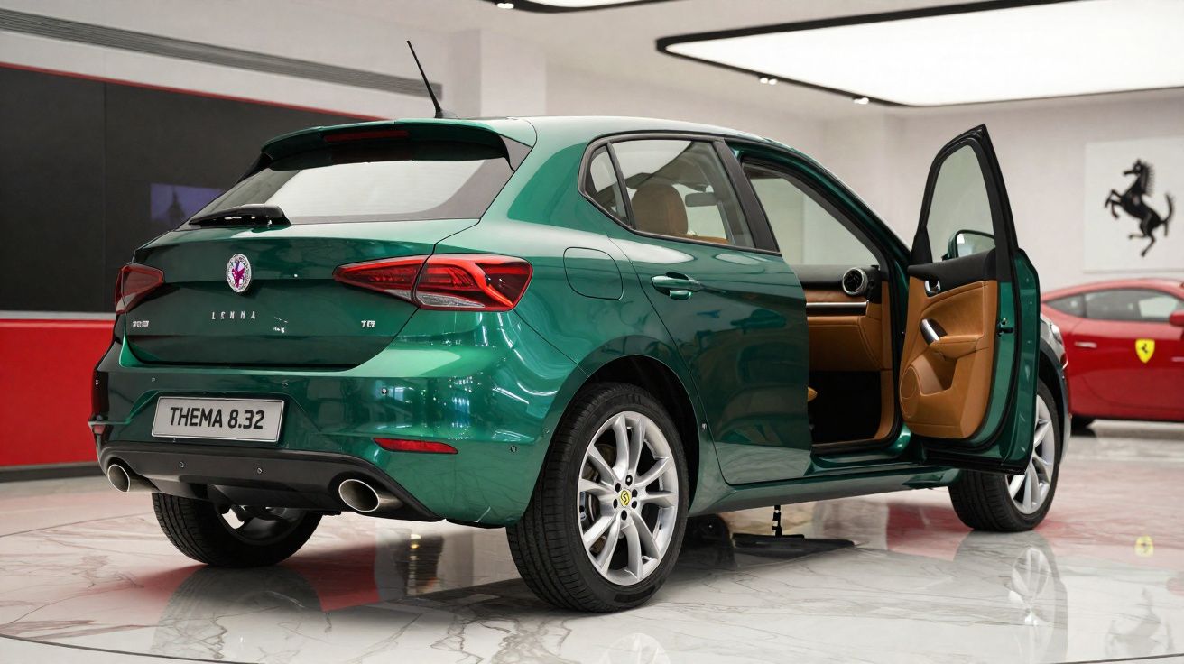 Carro hatchback verde com porta dianteira aberta, interior castanho e detalhes desportivos numa exposição automóvel.