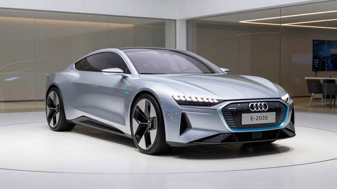 Carro desportivo elétrico Audi cinza prateado em exposição numa plataforma branca circular.