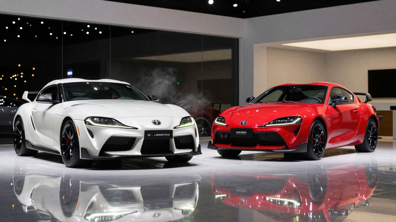 Dois carros Toyota Supra desportivos, um branco e outro vermelho, expostos em showroom moderno.