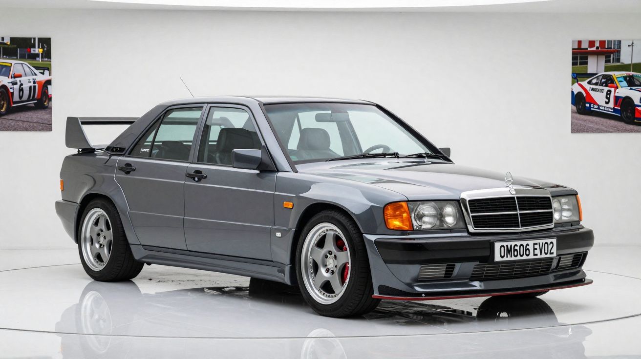 Mercedes-Benz 190E 2.5-16 Evolution II cinzento, carro desportivo clássico com spoiler traseiro, em estúdio branco.