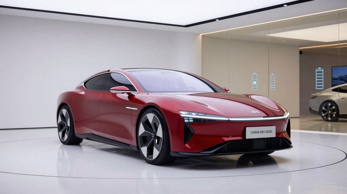 Carro desportivo elétrico vermelho com design futurista e linhas aerodinâmicas exposto em sala branca.