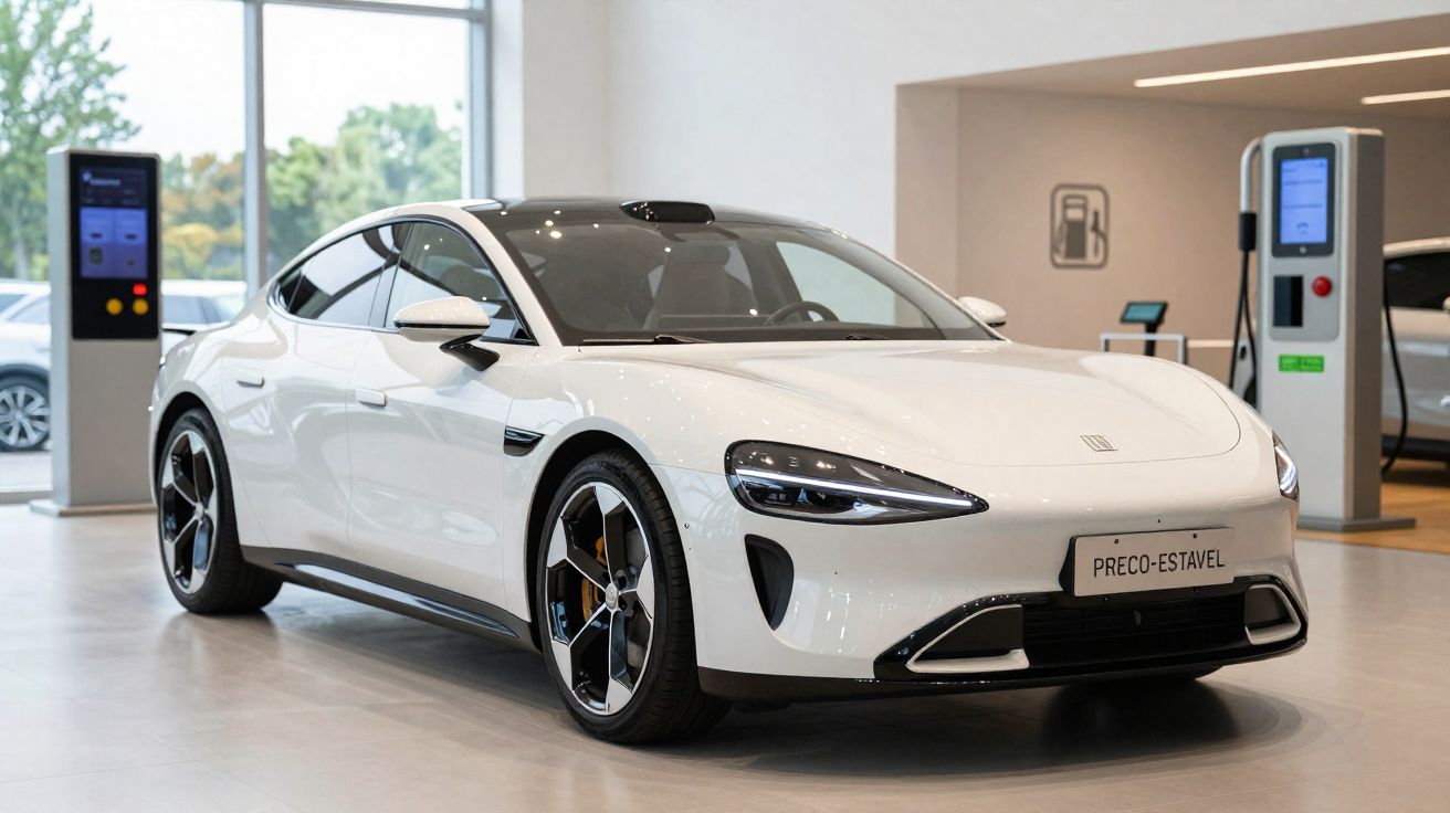 Carro elétrico branco moderno estacionado em showroom ao lado de estações de carregamento.