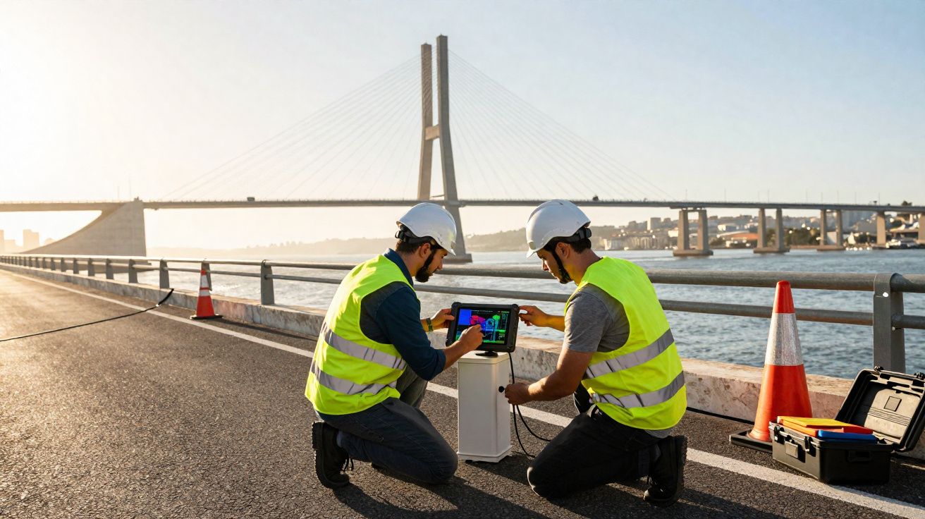 Dois engenheiros com coletes e capacetes analisam dados em tablet junto a ponte sobre rio.