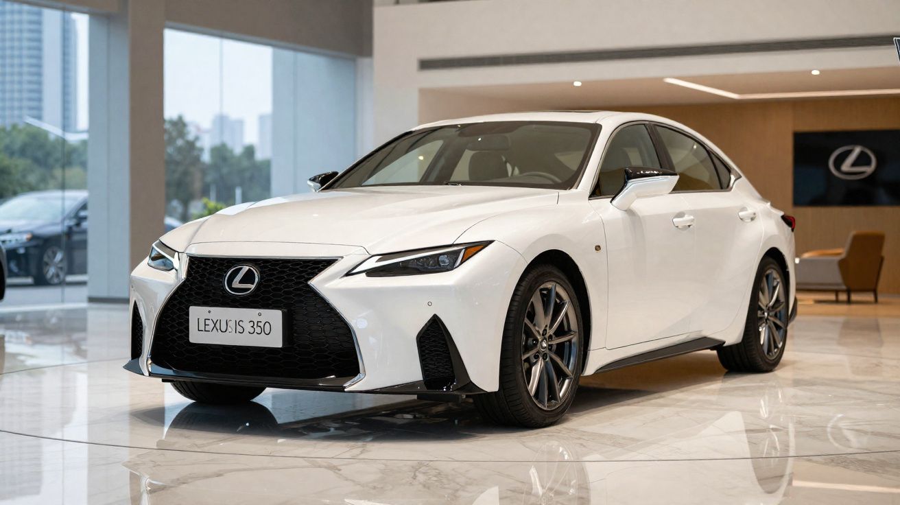 Lexus IS 350 branco estacionado em showroom moderno com piso em mármore polido e janelas amplas.