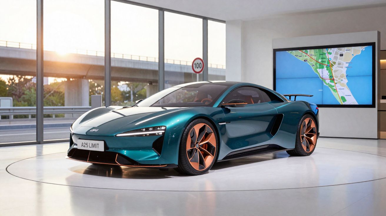 Carro desportivo eléctrico azul metálico exposto em showroom com grande ecrã e janela para estrada ao fundo.