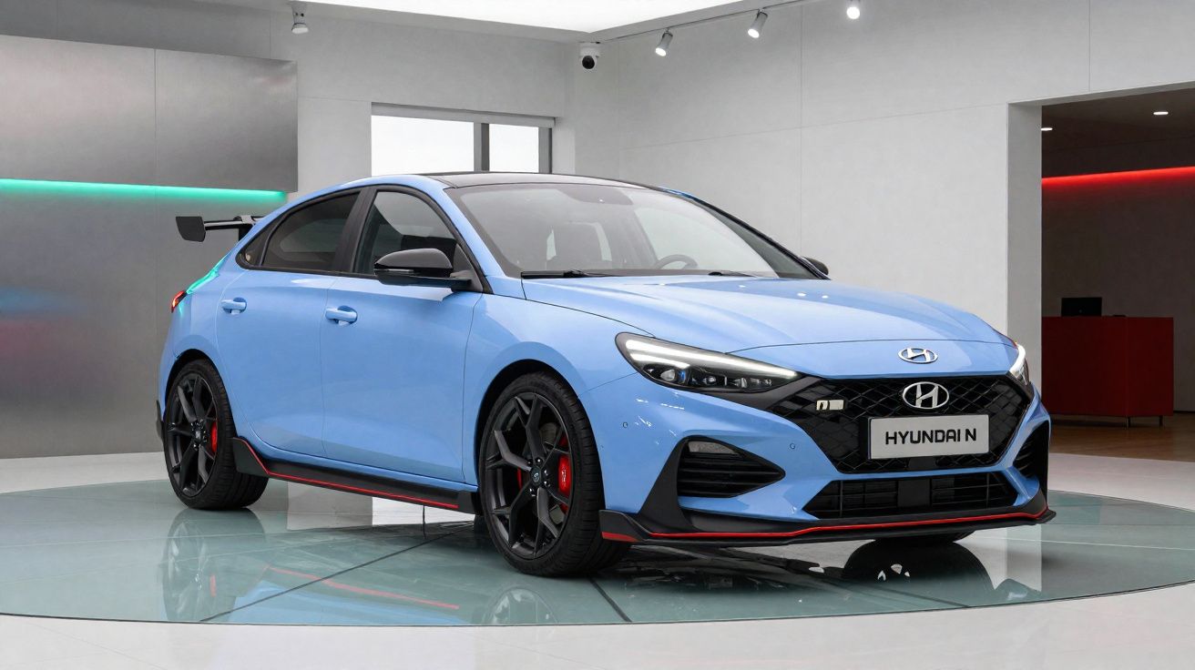Automóvel Hyundai i30 N azul exposto num salão interior com luzes LED.