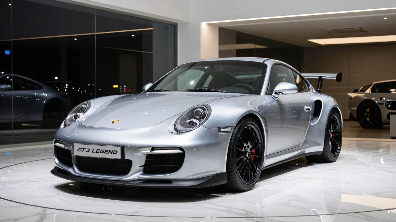 Carro desportivo Porsche GT3 Legend prata estacionado num showroom iluminado interior.