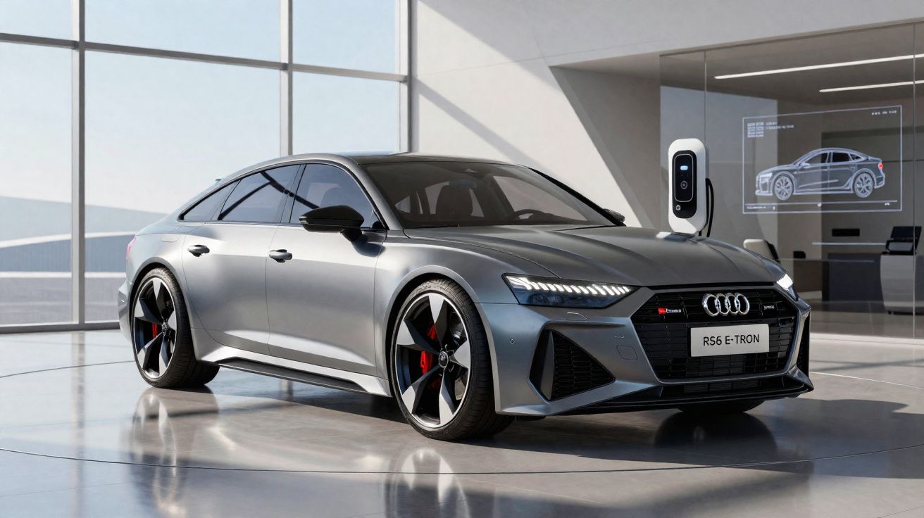 Audi RS6 E-Tron cinzento estacionado em showroom moderno com carregador elétrico ao lado.