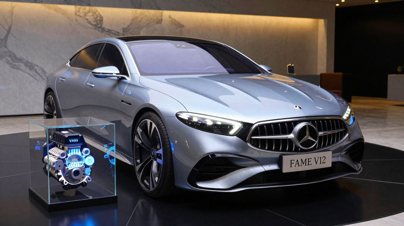 Carro Mercedes-Benz prata com motor V12 em exposição numa sala moderna e bem iluminada.