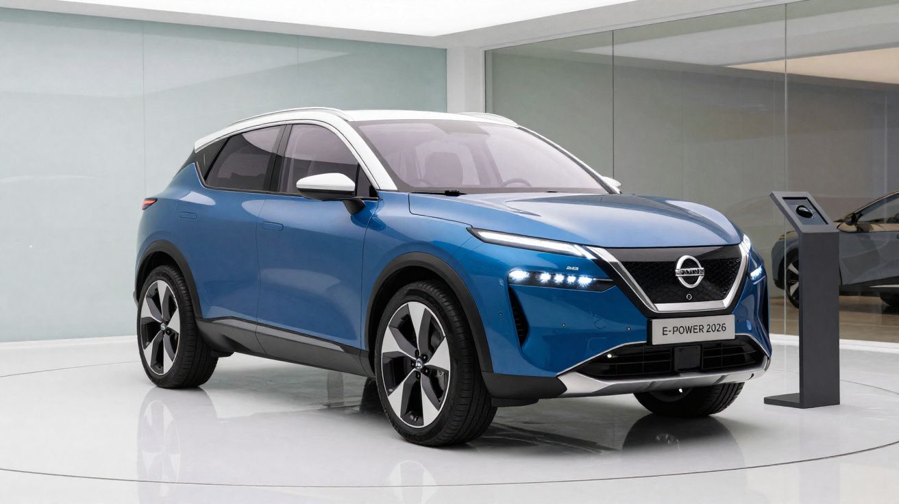 SUV eléctrico azul e branco Nissan E-POWER 2026 em exposição num showroom moderno.