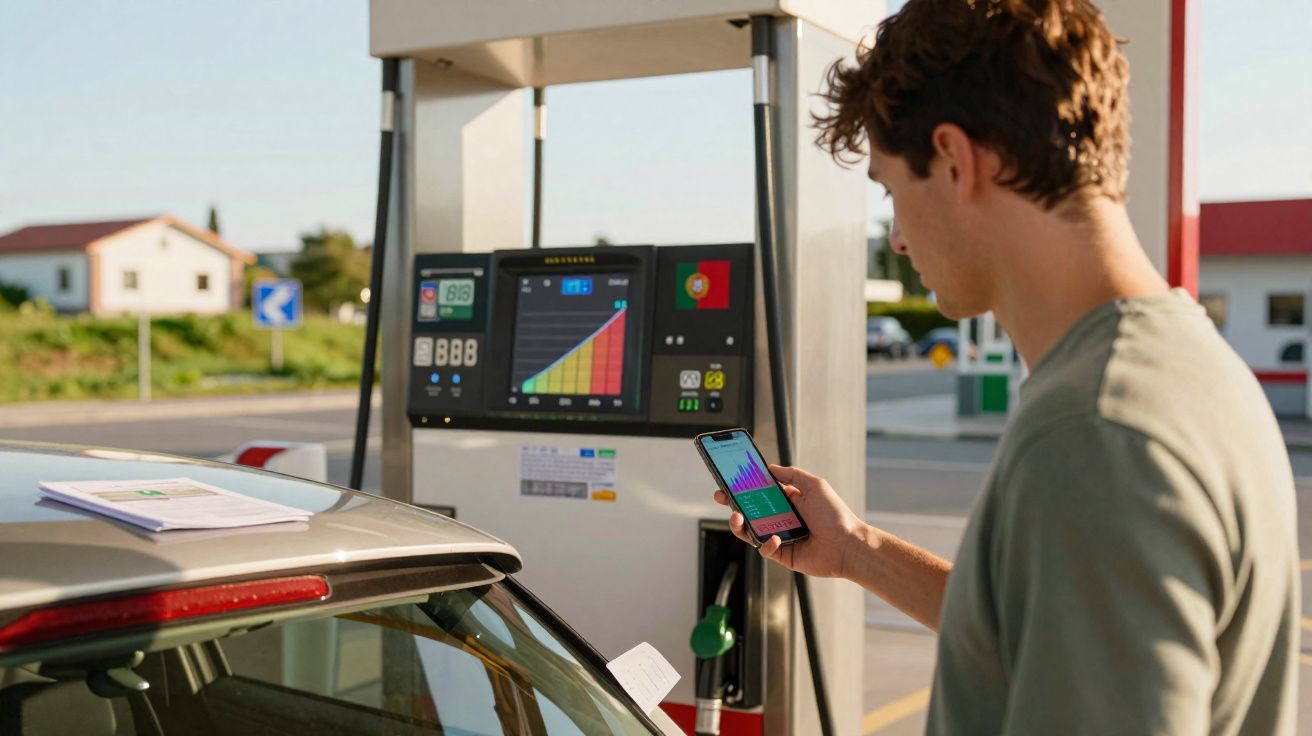 Homem verifica gráfico num telemóvel junto a bomba de combustível numa estação de serviço ao ar livre.