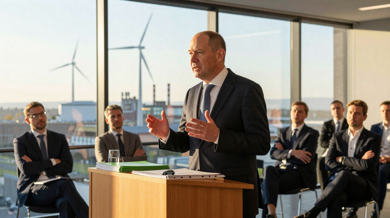 Homem de fato a falar numa conferência com homens de negócios sentados e turbinas eólicas ao fundo.