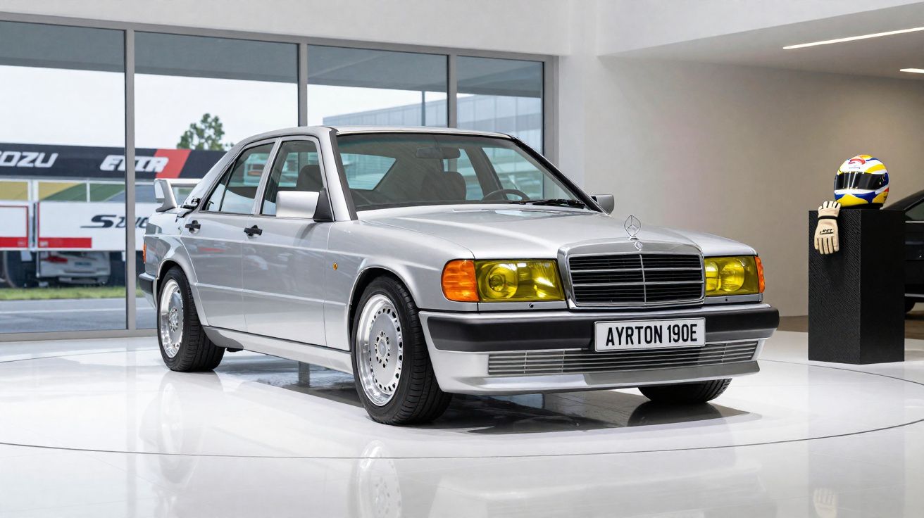 Carro clássico Mercedes-Benz prata com faróis amarelos exposto em galeria moderna e luminosa.