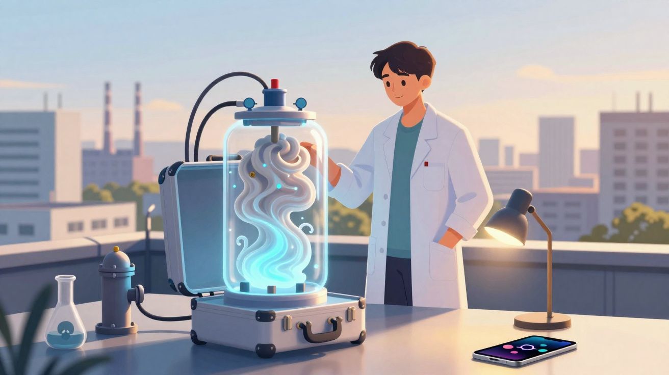 Cientista em laboratório ao ar livre observa dispositivo com fluido misterioso luminoso dentro de um recipiente de vidro.