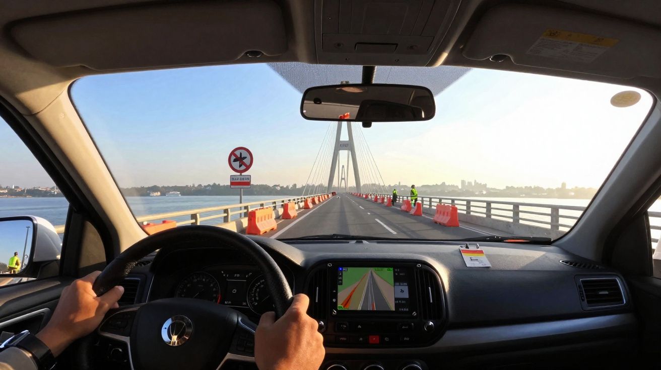 Vista interior do volante e tablier de um carro a atravessar uma ponte suspensa num dia claro.