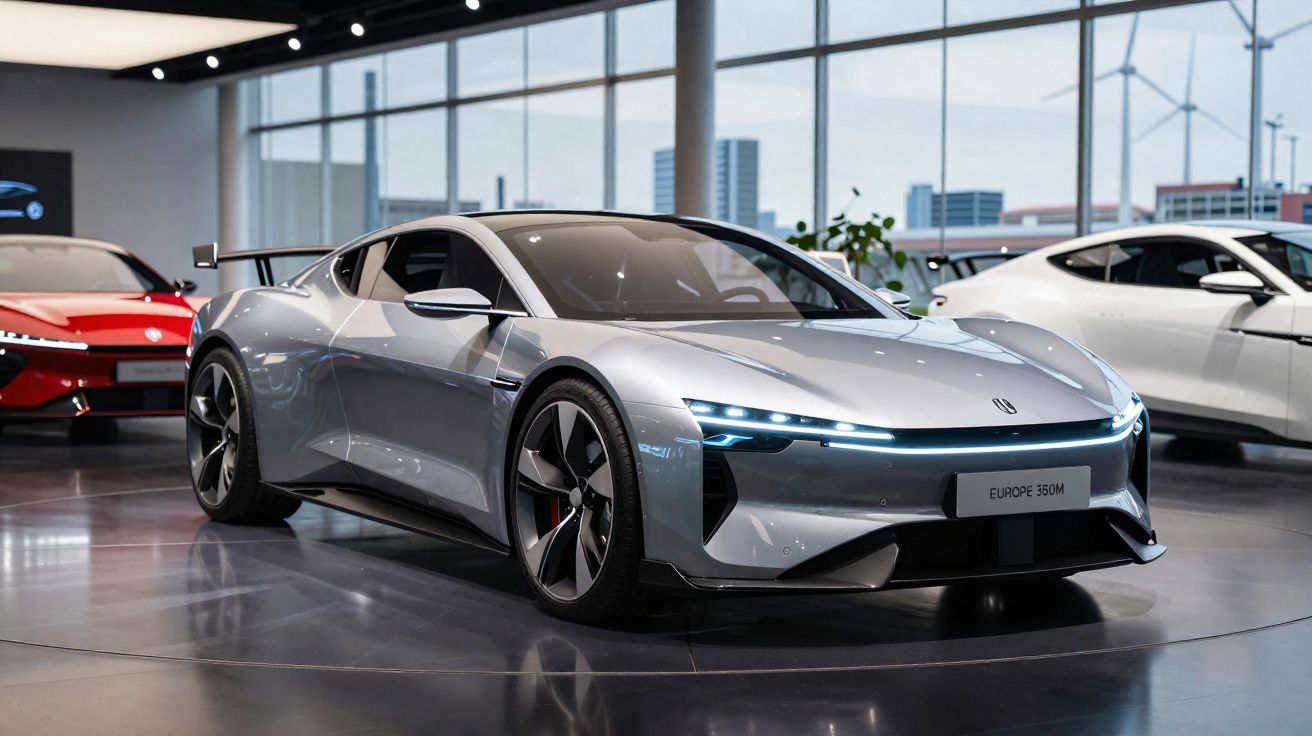 Carro desportivo elétrico prateado com faróis LED em showroom moderno com carros ao fundo.