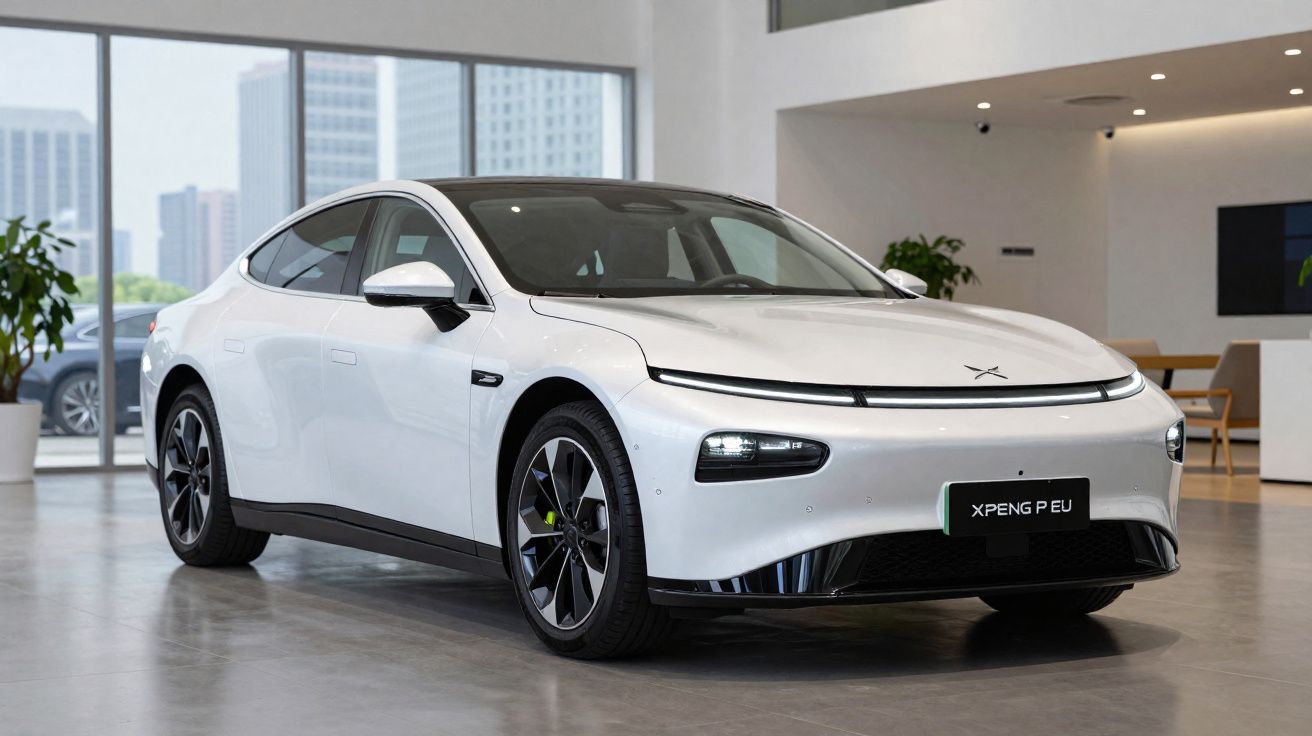 Carro elétrico branco XPeng P5 EU estacionado em showroom moderno com grandes janelas e decoração minimalista.