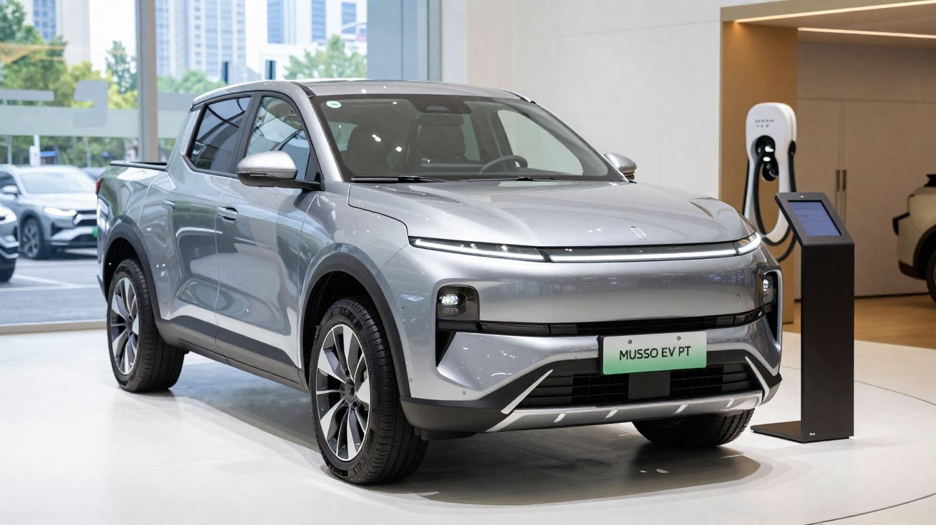 Caminhão elétrico cinza estacionado em showroom moderno com estação de carregamento ao lado.