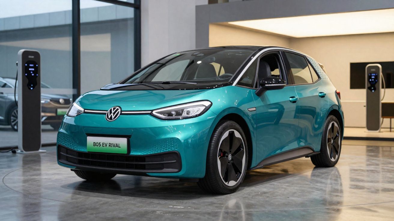 Carro elétrico Volkswagen B05 EV RIVAL verde azul em exposição, com estações de carregamento ao fundo.