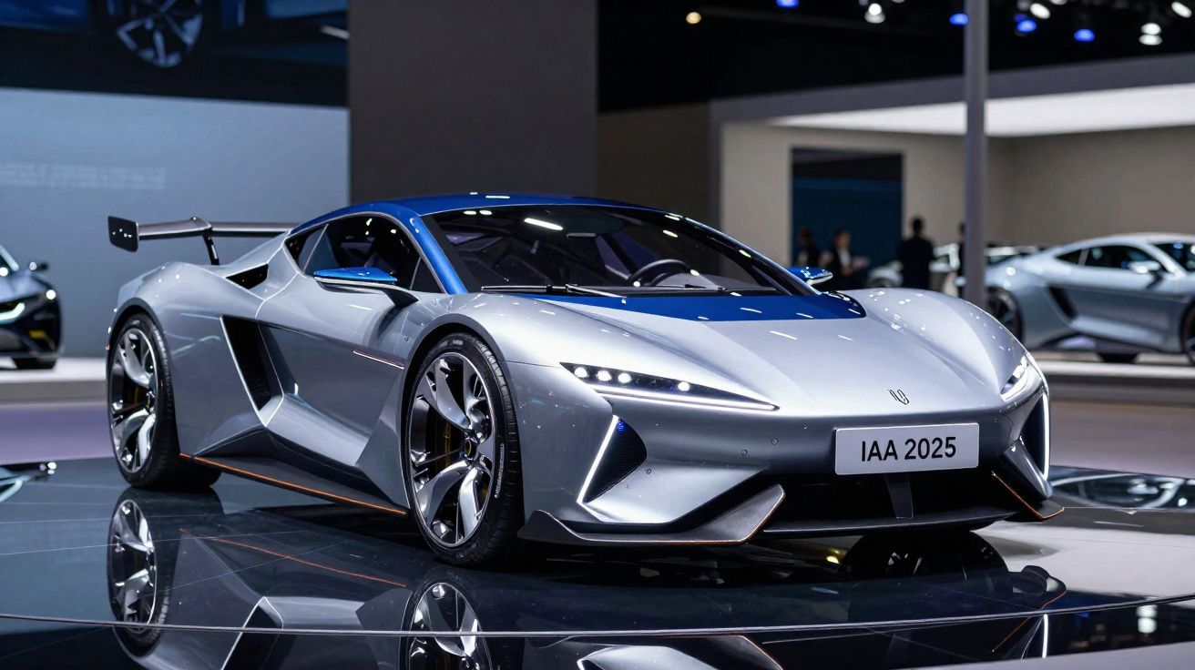 Carro desportivo moderno e prateado com detalhes azuis, exibido numa exposição automóvel.