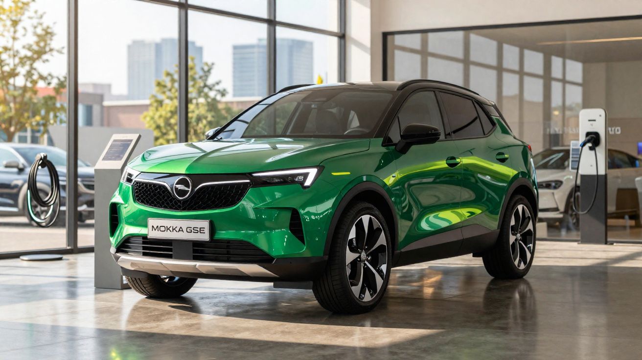 Carro elétrico Opel Mokka GSE verde numa exposição moderna com estação de carregamento e janelas amplas.