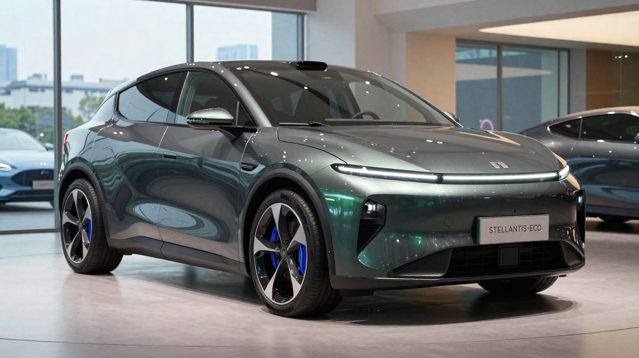 Carro elétrico cinza escuro Stellantis Eco exibido em showroom moderno com jantes aerodinâmicas e detalhes azuis.