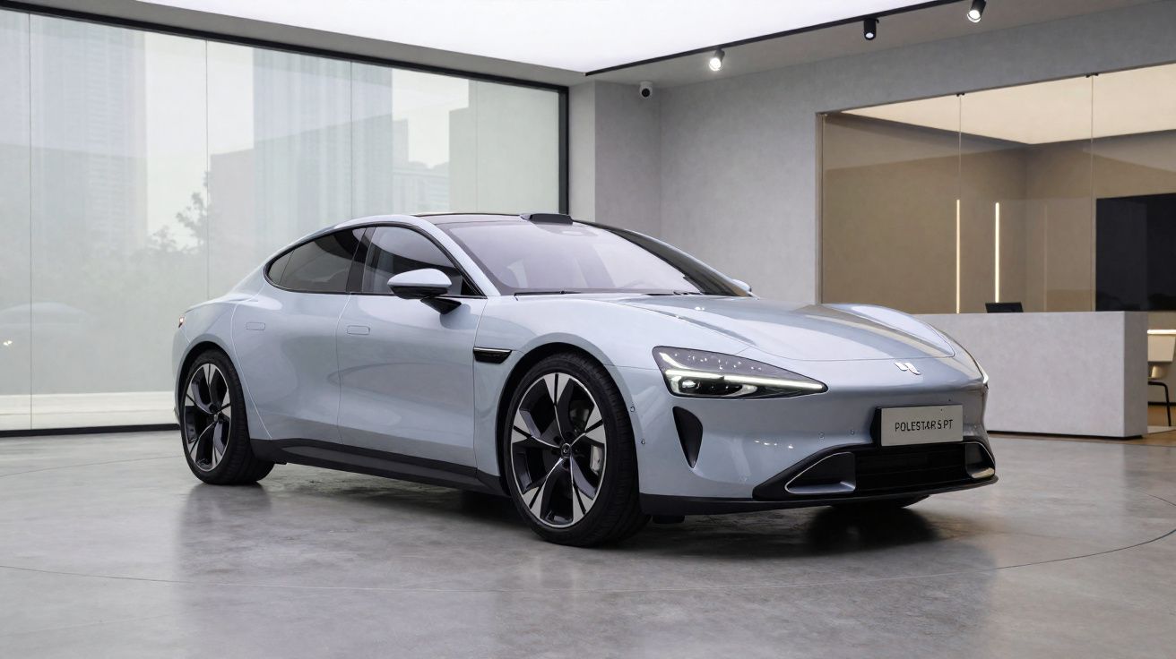 Carro elétrico desportivo de quatro portas cinza estacionado num showroom moderno com chão de cimento polido.