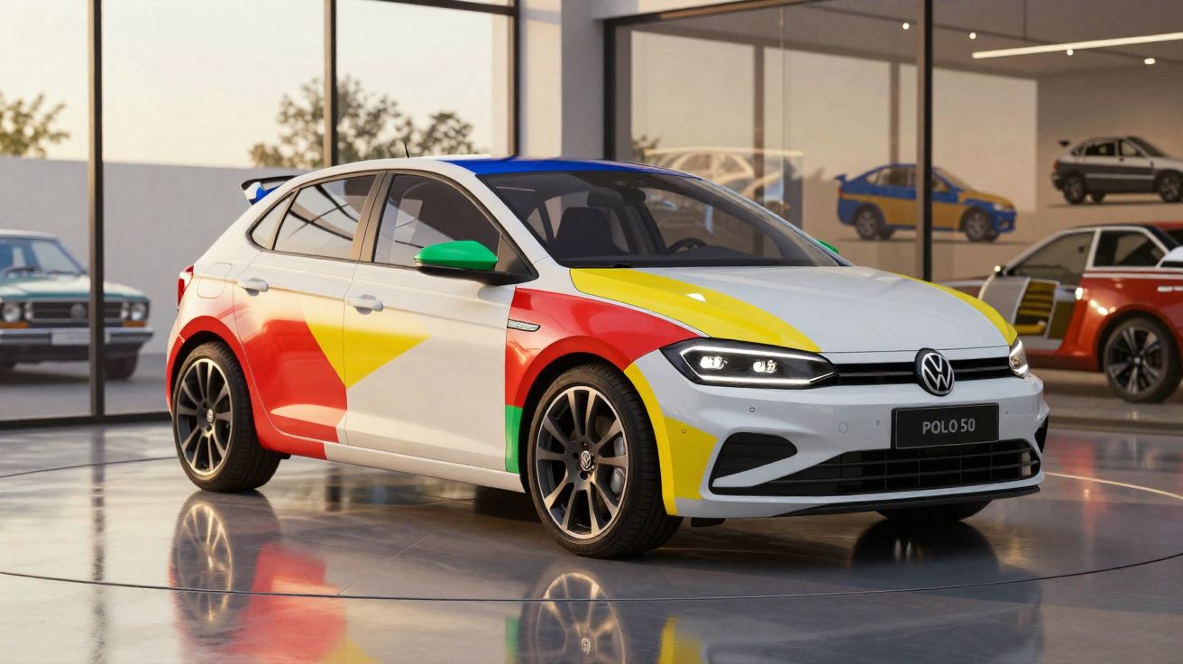 Automóvel Volkswagen Polo 50 com pintura colorida em vermelho, amarelo, verde e azul, exposto em interior moderno.
