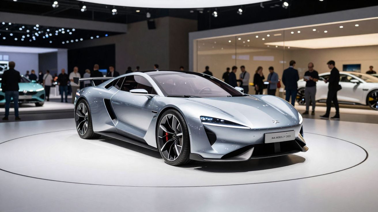 Carro desportivo elétrico cinza metálico exposto em salão automóvel com pessoas ao fundo.