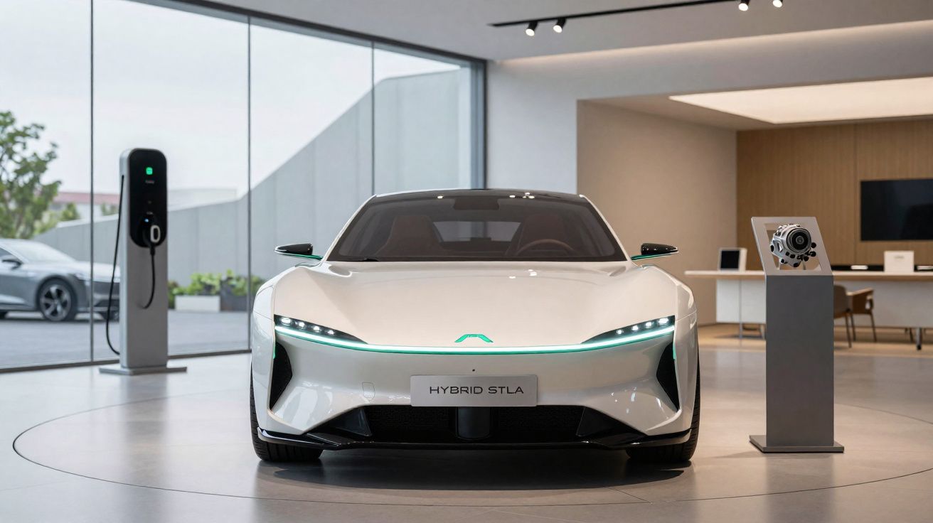 Automóvel elétrico branco à exposição em showroom moderno com estação de carregamento ao fundo.