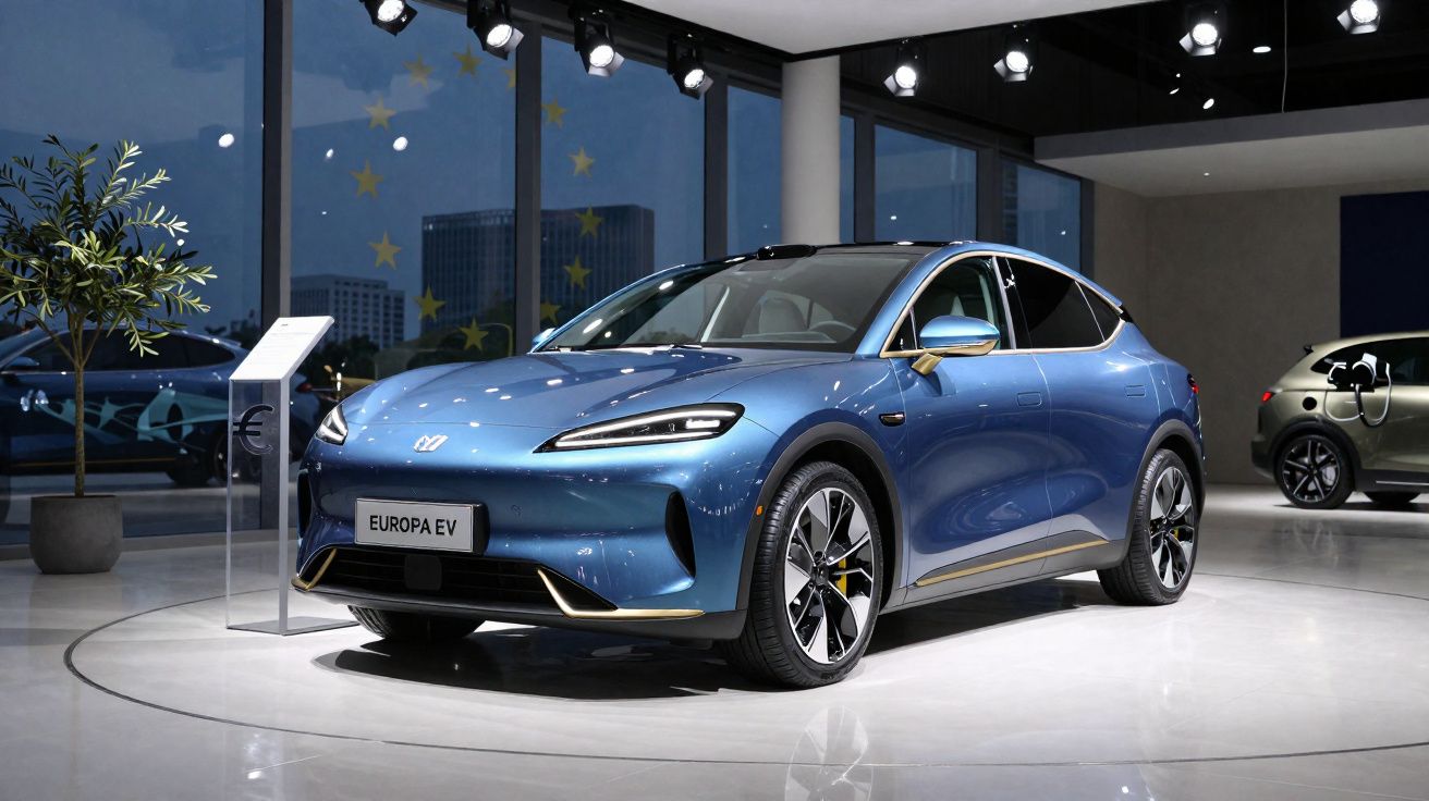 Carro elétrico azul Europa EV em exposição num salão moderno com grandes janelas e iluminação ambiente.