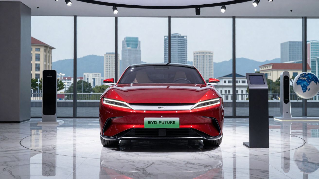 Carro elétrico vermelho BYD Future exibido numa sala moderna com janelas grandes e vista para a cidade.