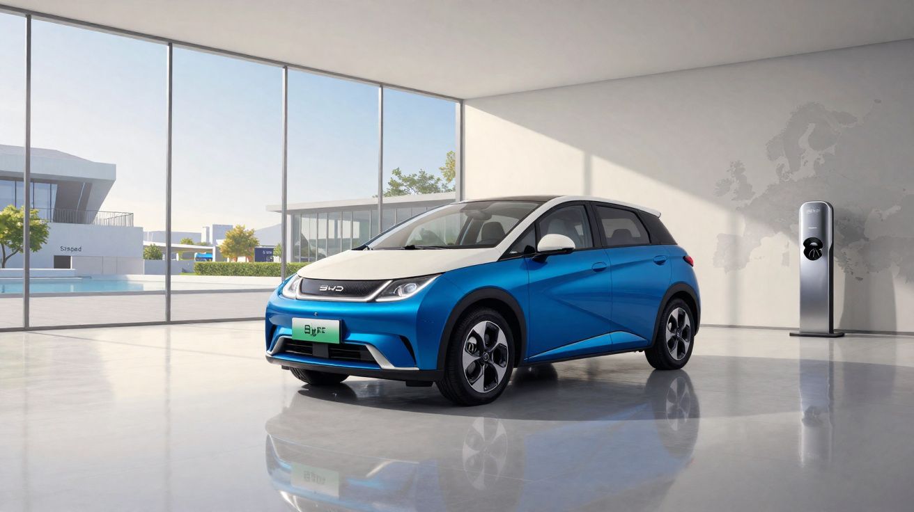Carro elétrico azul BYD estacionado em espaço moderno com parede branca e carregador elétrico.