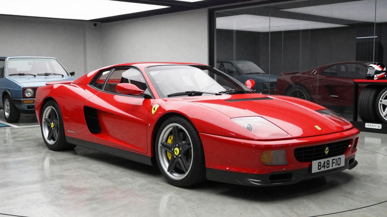 Carro desportivo vermelho Ferrari estacionado no interior de garagem moderna com piso em cimento polido.