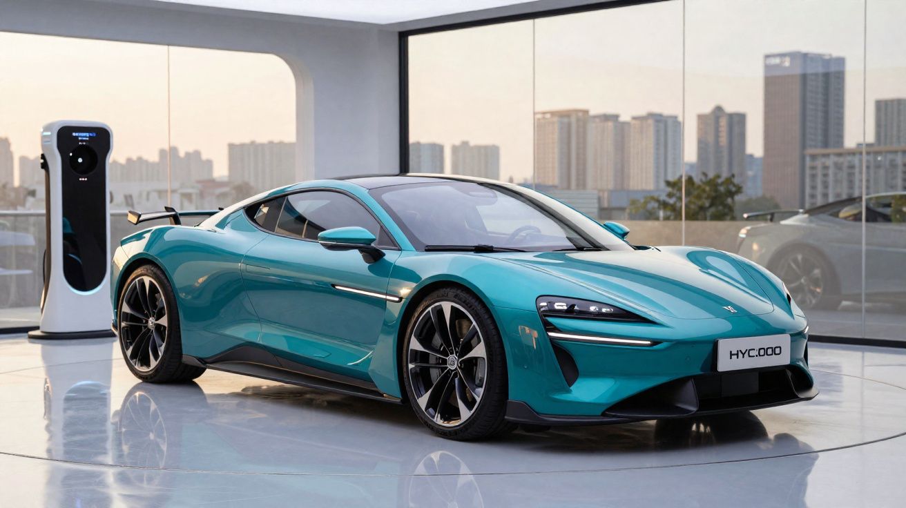 Carro desportivo elétrico azul em showroom moderno com cidade ao fundo e estação de carregamento ao lado.