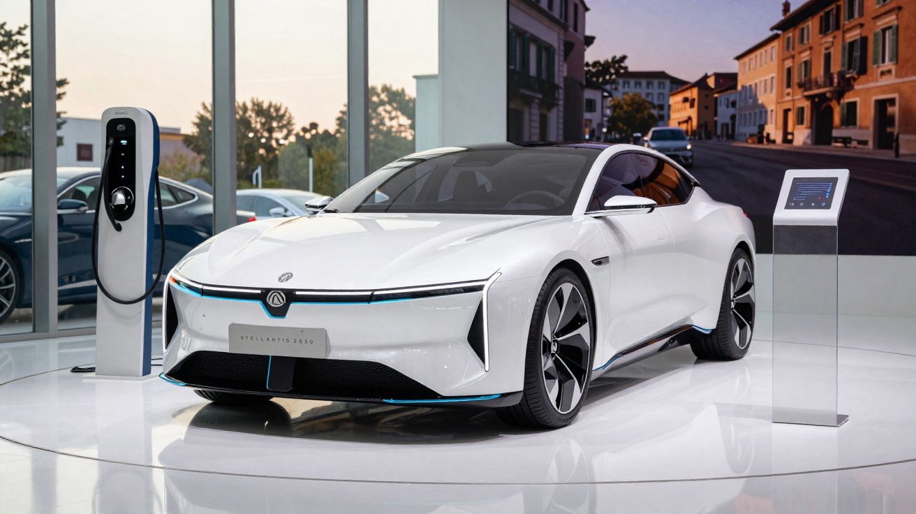 Carro elétrico branco moderno num salão, com estação de carregamento e painel informativo ao lado.