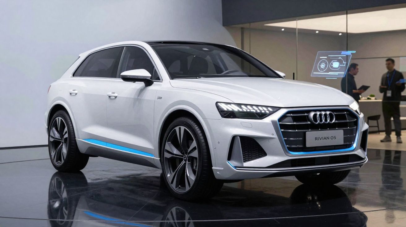 Automóvel Audi elétrico branco exibido em salão com detalhe azul nas laterais e jantes modernas.