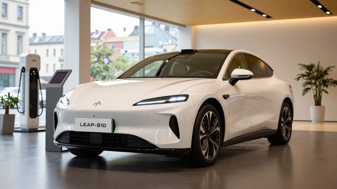 Carro elétrico branco LEAP-B10 numa sala moderna com paredes brancas e plantas em vasos.