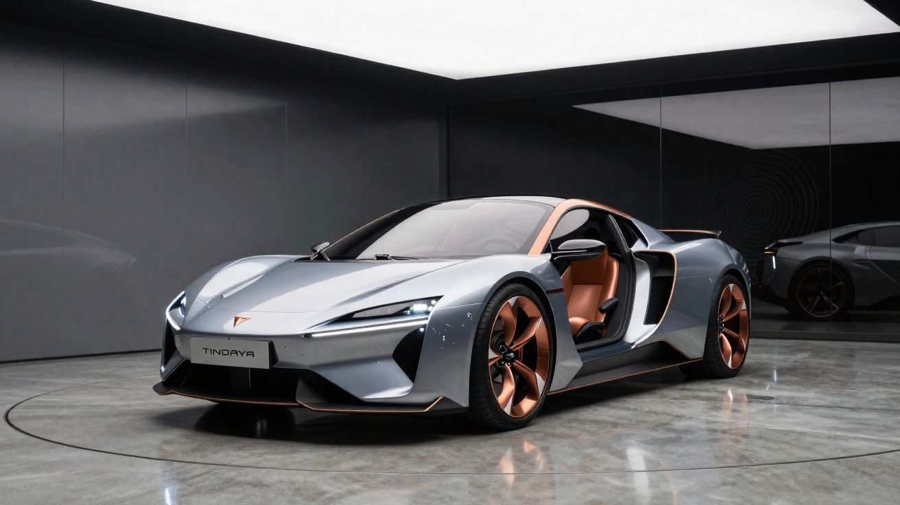 Carro desportivo futurista prata com detalhes castanho, portas abertas, em espaço interior minimalista e espelhado.