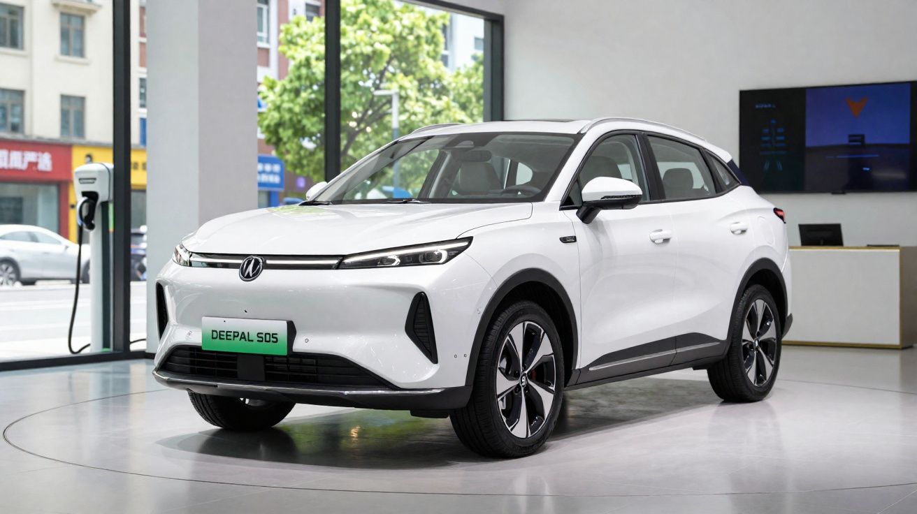 Carro elétrico branco modelo Deepal S05 exposto numa sala moderna com carregador ao fundo.