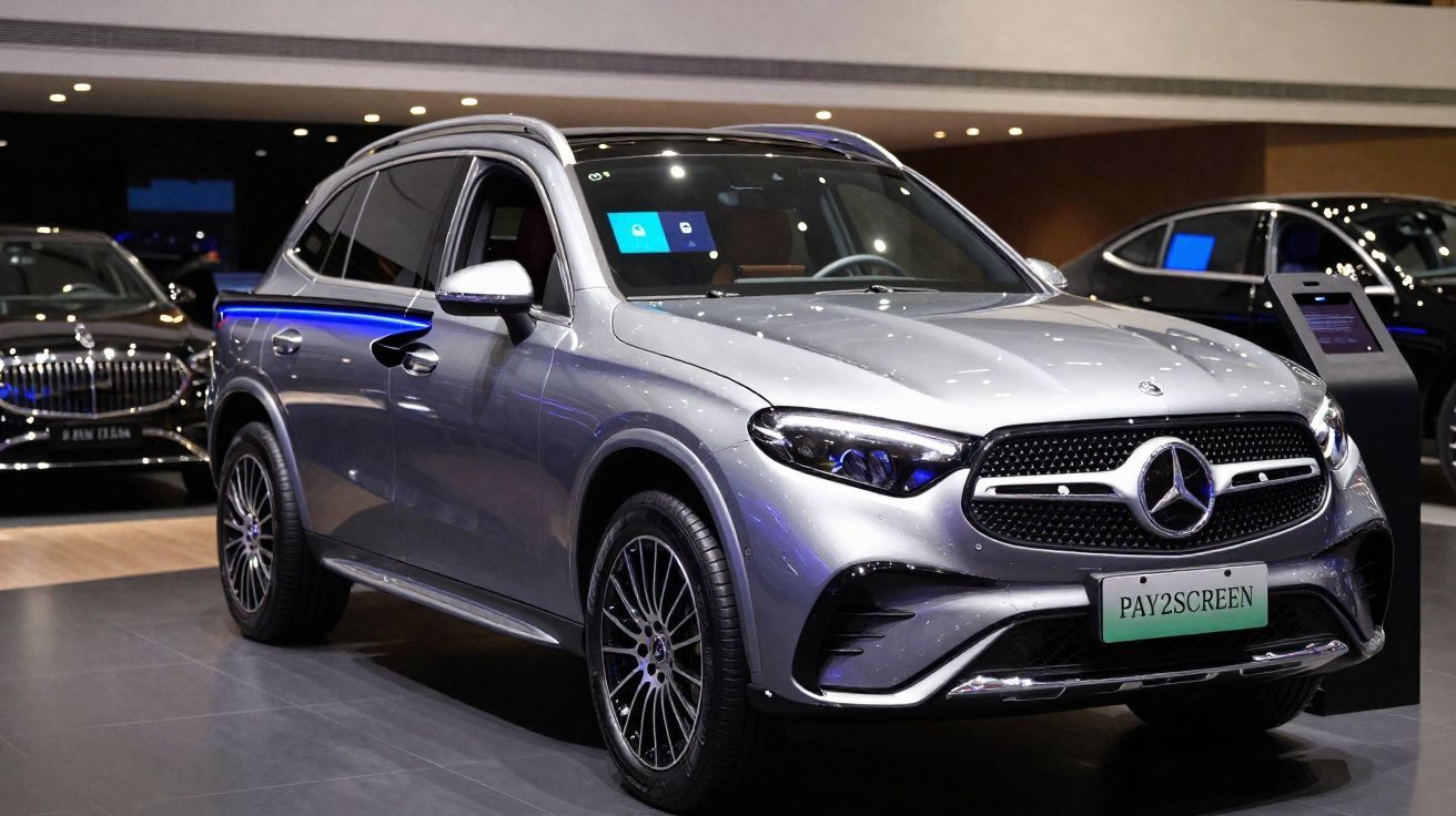 SUV Mercedes-Benz prata exposto em salão automóvel com luzes refletidas na carroçaria.