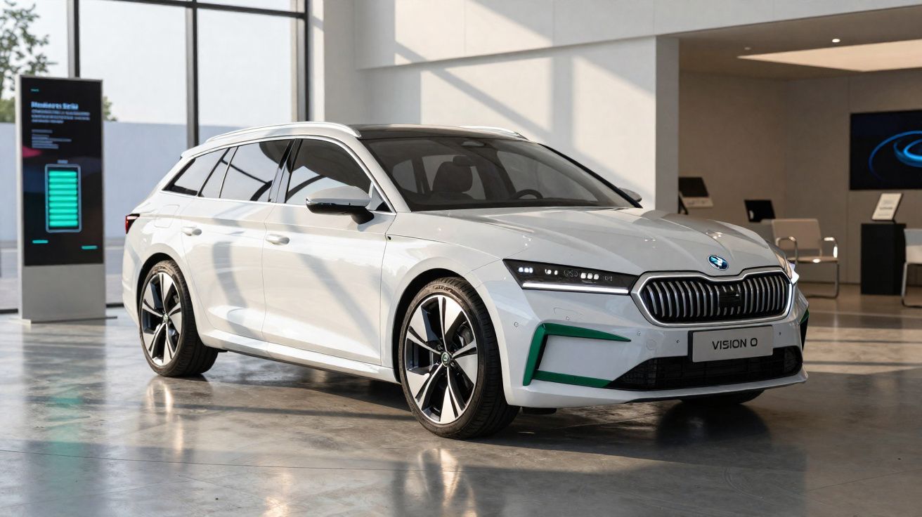 Automóvel elétrico branco Skoda Vision 0 estacionado em espaço interior moderno e iluminado.